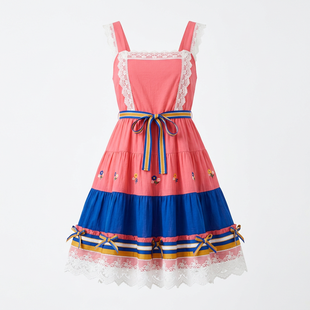 Square-Neck Lace Panel Suspender Dress with Bow Details