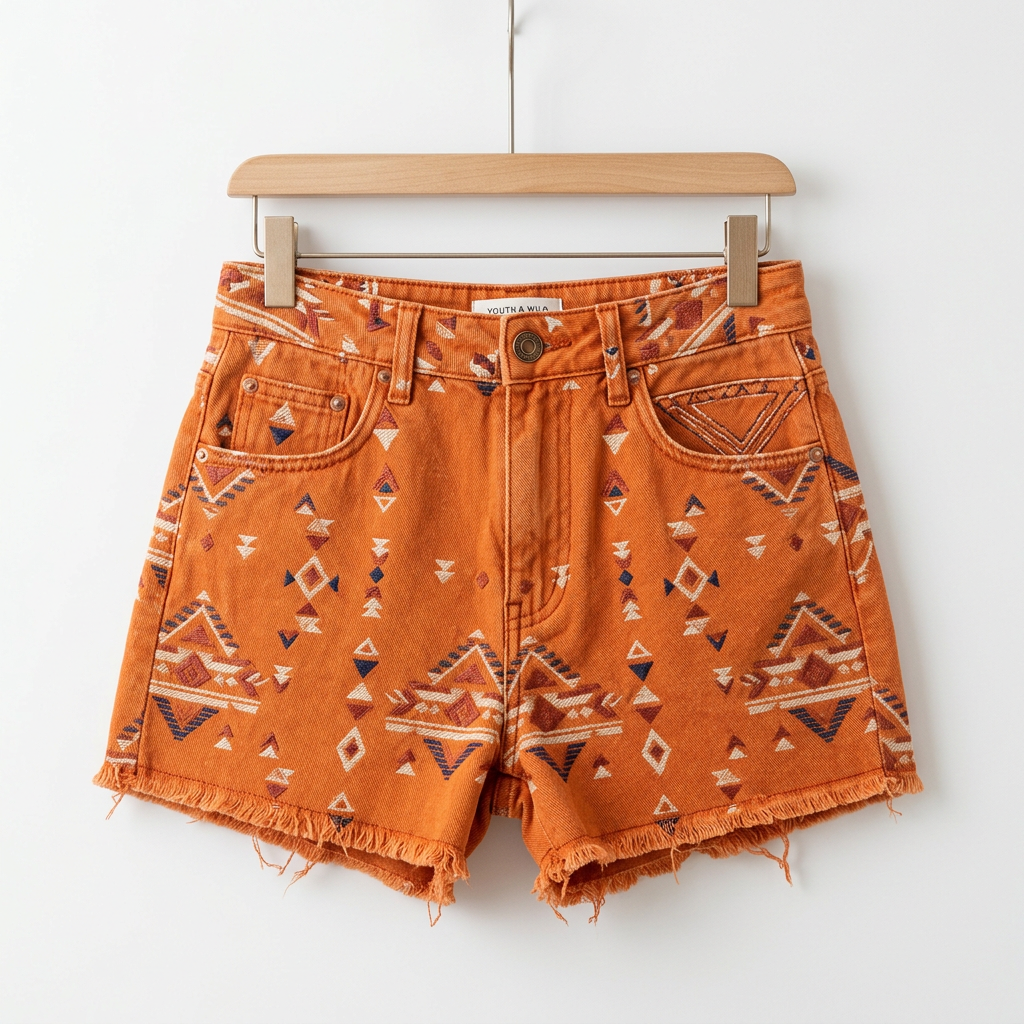 Burnt Orange Geometric Print Frayed Denim Shorts