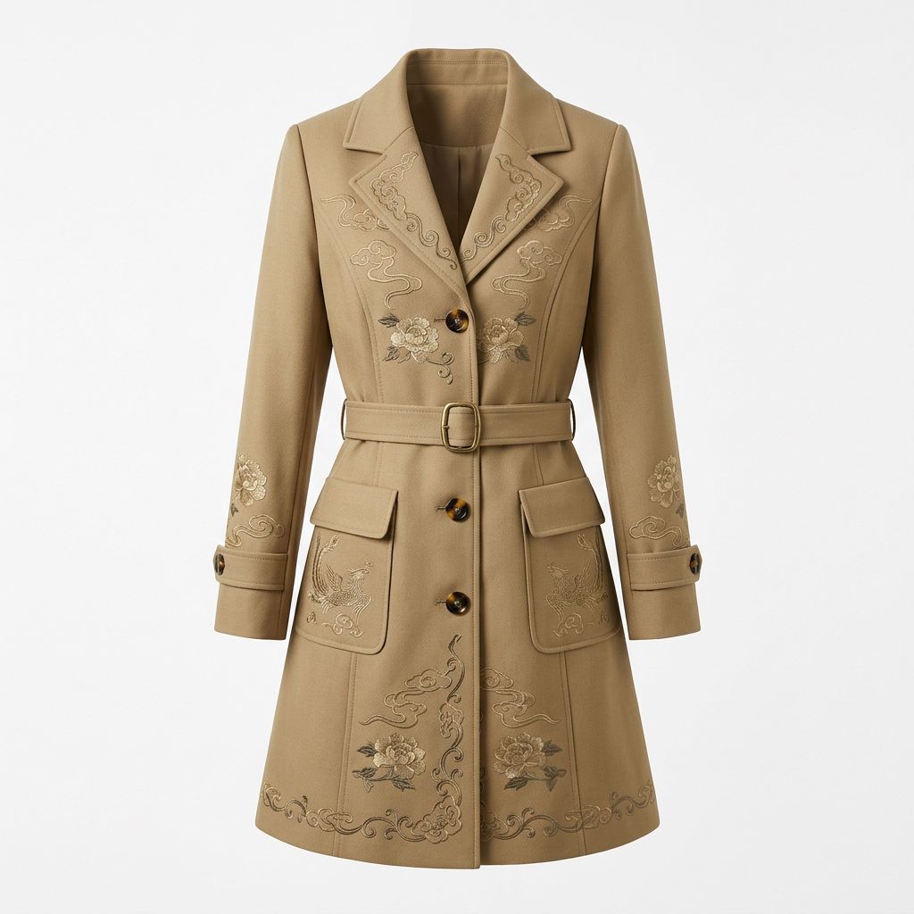 Vintage-Inspired Embroidered Longline Coat with Waist Belt