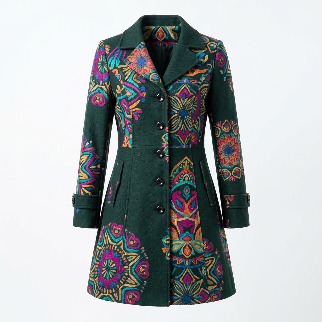 Forest Green Mandala Print Button-Front Coat (Longline)