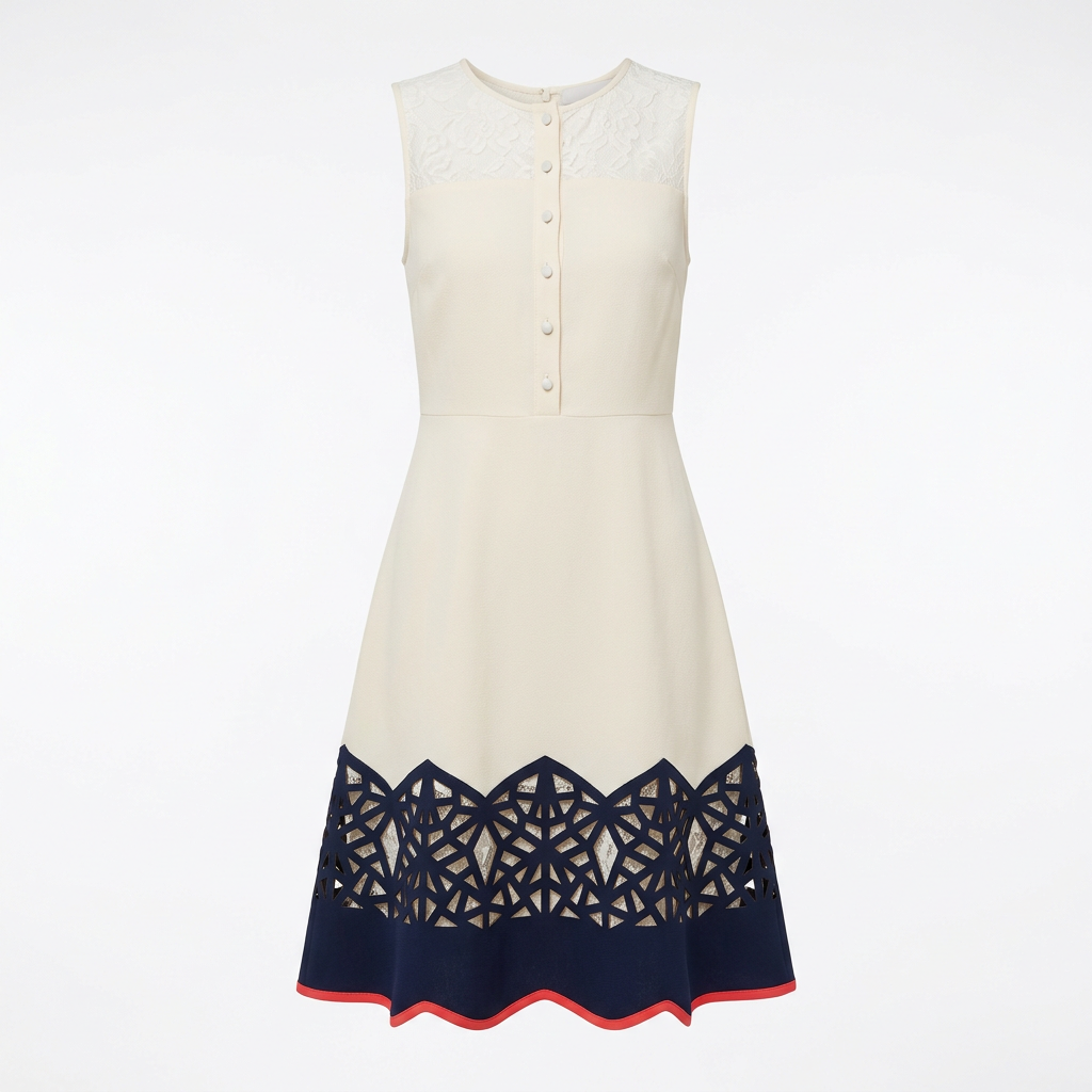 Cream Lace-Yoke A-Line Dress with Geometric Cutout Hem