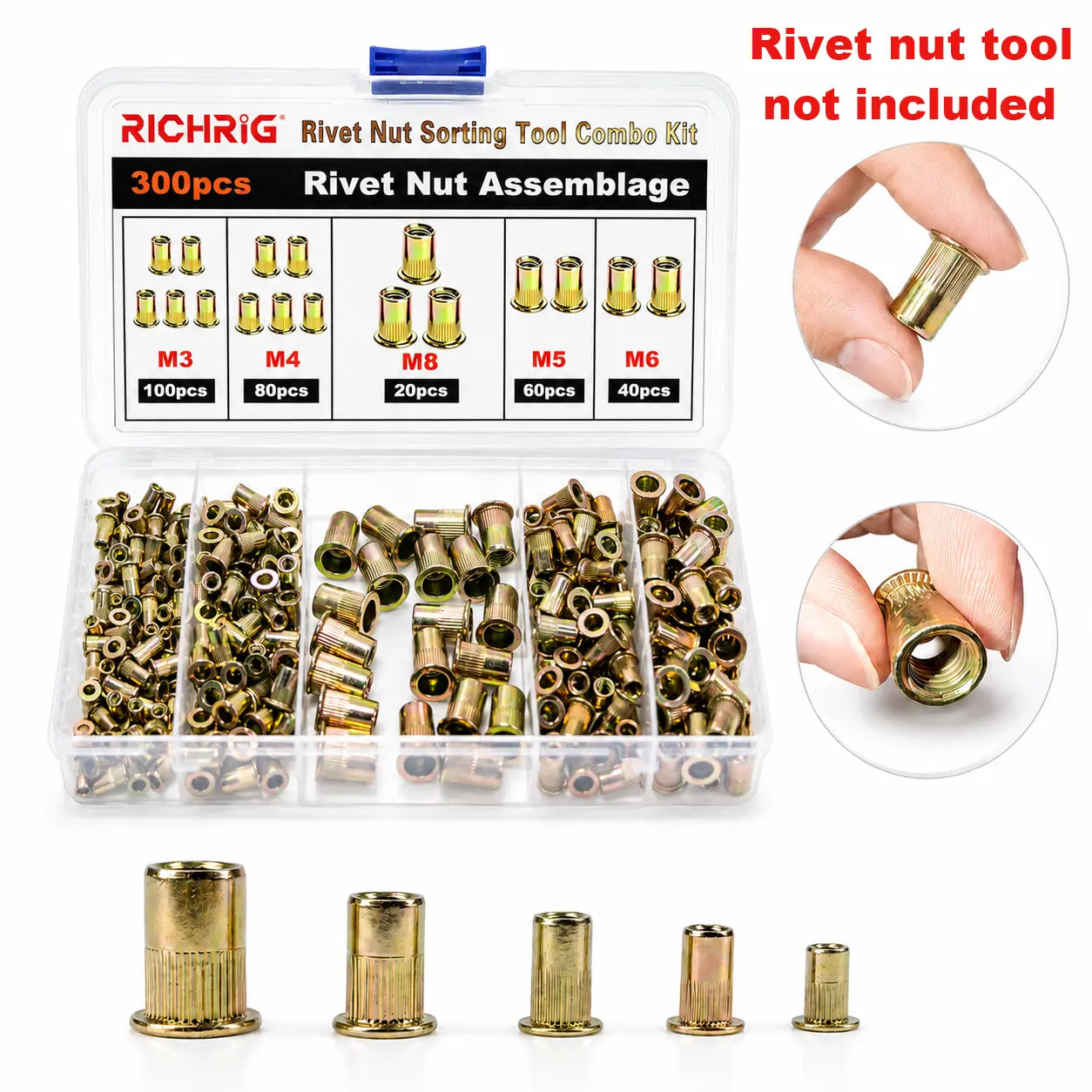 Head Rivet Nut Tool, M3 M4 M5 M6 M8 Rivnut Kit, Carbon Steel Rivnut Set