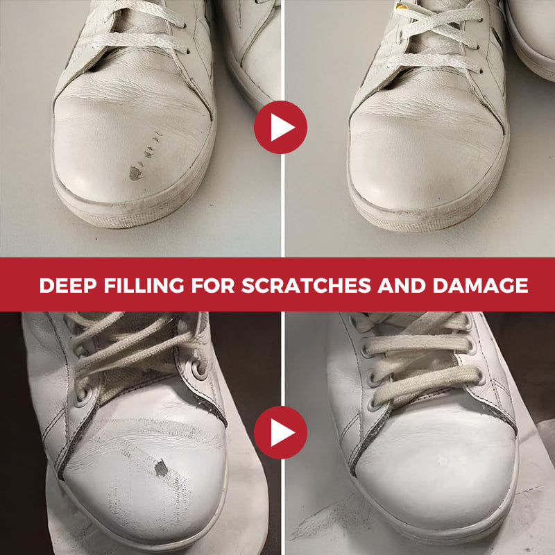 Before and after examples of filled scratches on leather shoes
