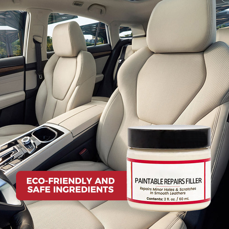 Leather repair filler shown with light-colored car seats