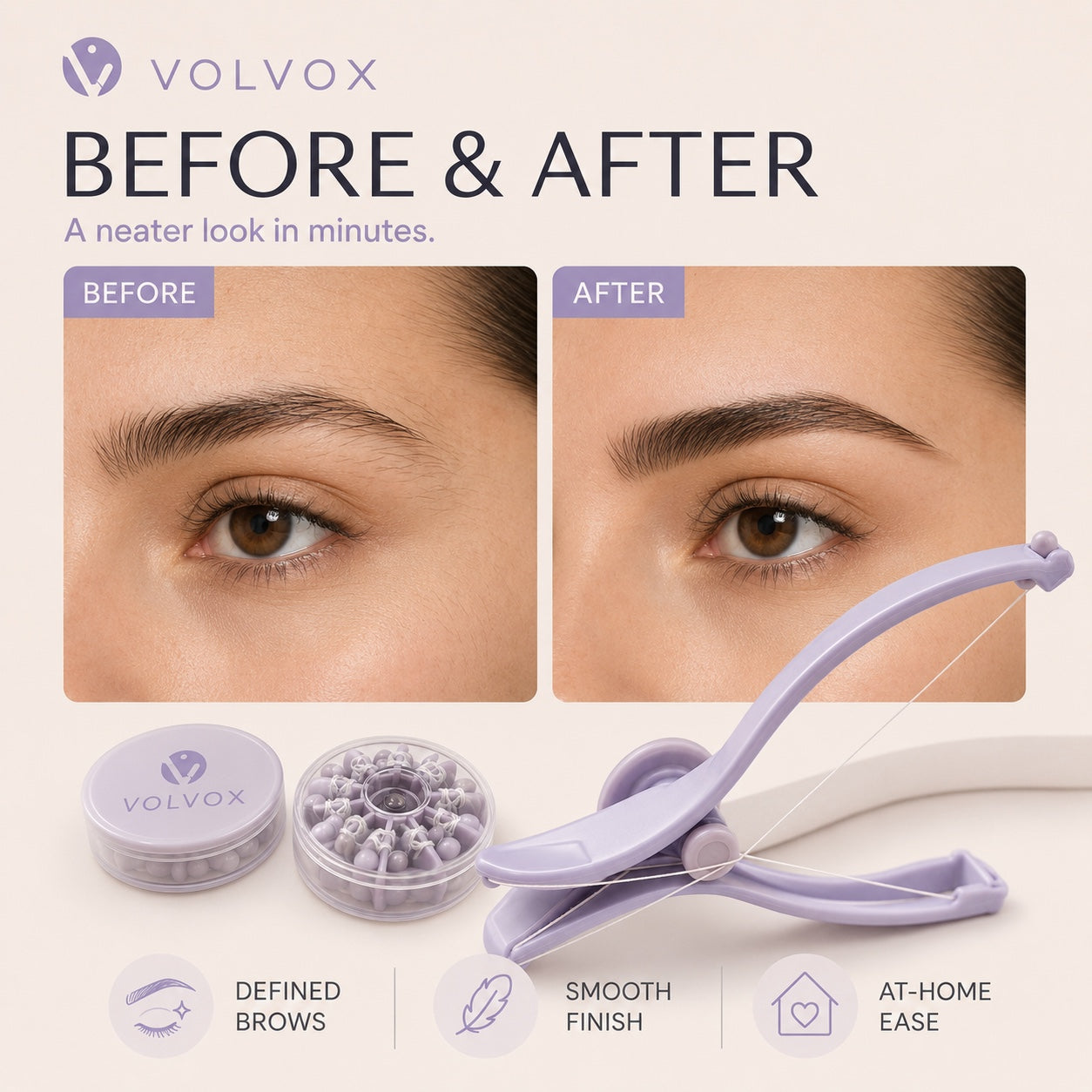 Before and after brow touch-up with the VOLVOX threading tool