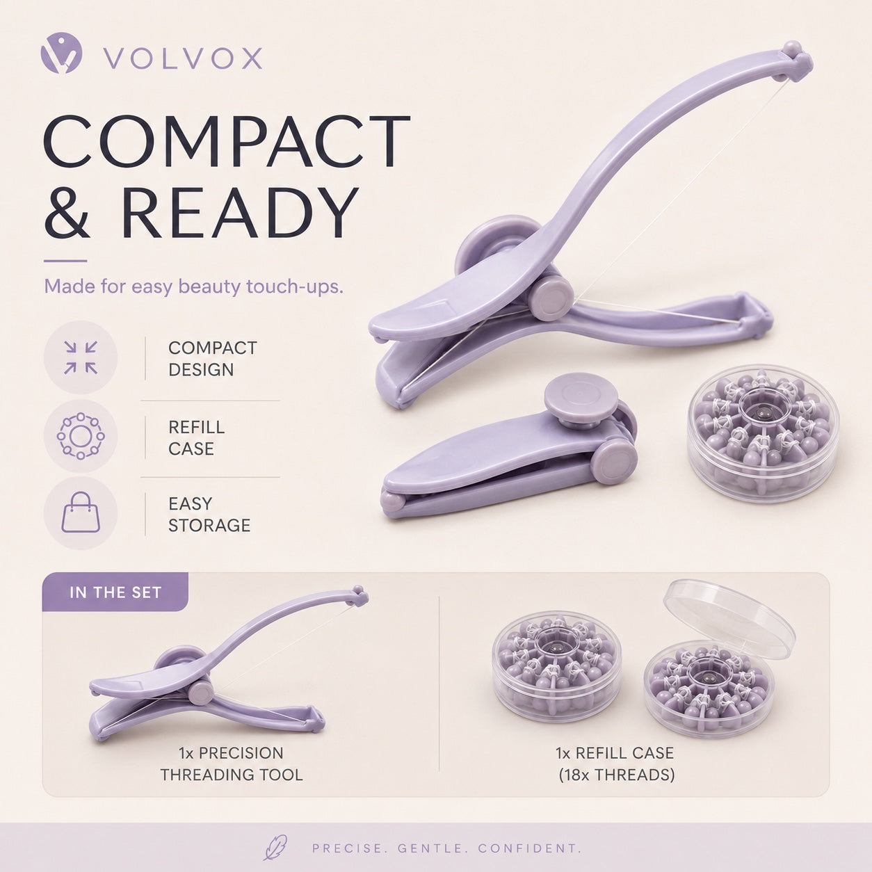 VOLVOX brow threading tool and refill case contents
