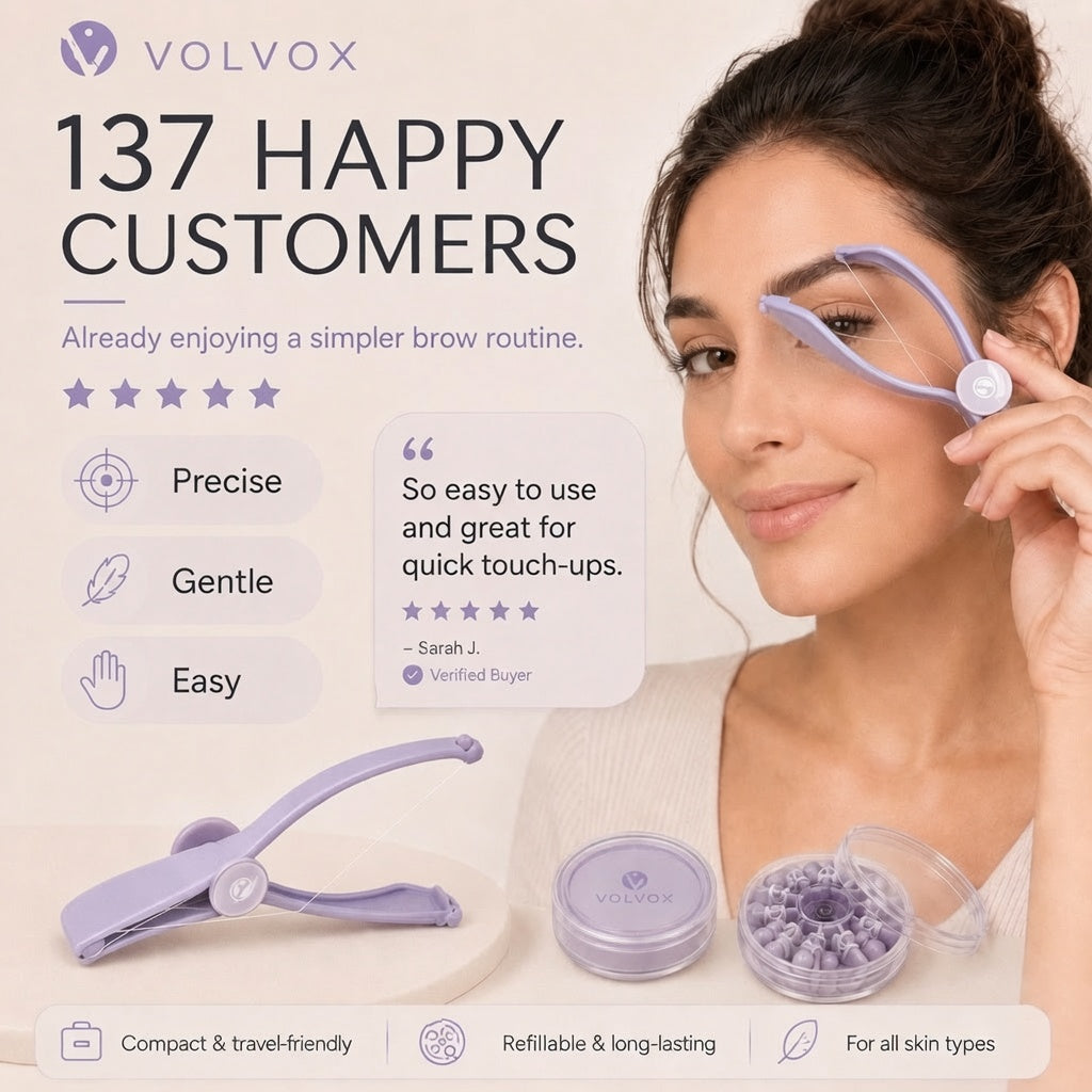 Woman using the VOLVOX brow threading tool