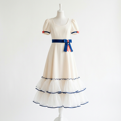 Scoop-Neck Puff Sleeve Dress with Navy Trim Ruffle Skirt