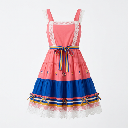 Square-Neck Lace Panel Suspender Dress with Bow Details