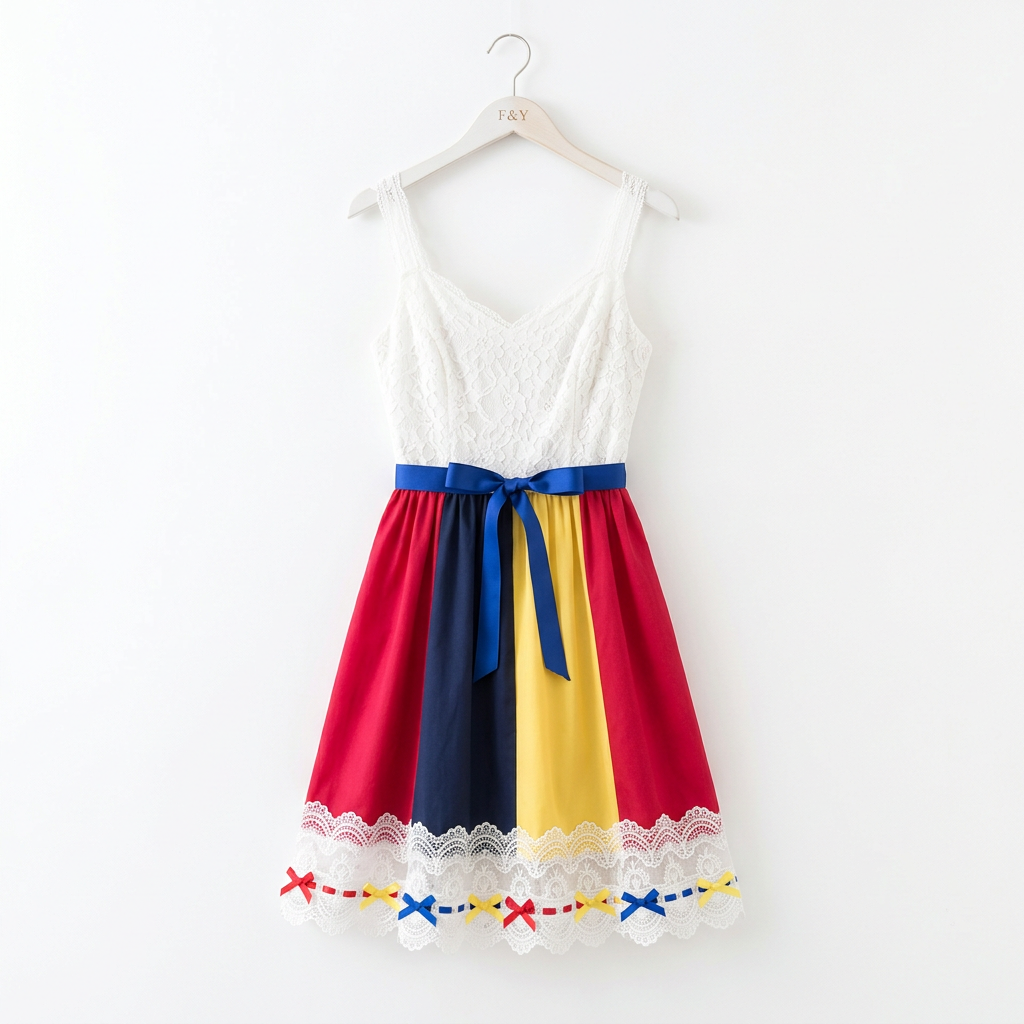 Lace Bodice Colorblock Cami Dress with Satin Bow Belt