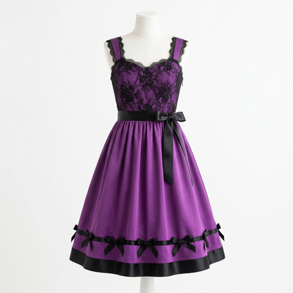 Purple Lace Bodice Fit-and-Flare Dress with Black Satin Bow