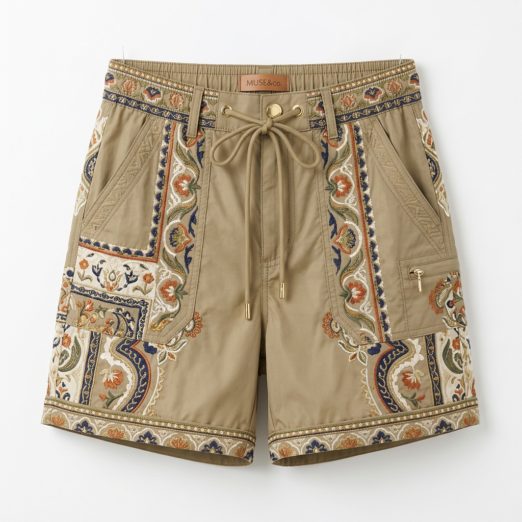 Ethnic Embroidery Trim Drawstring Utility Shorts