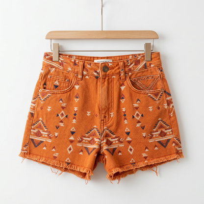 Burnt Orange Geometric Print Frayed Denim Shorts