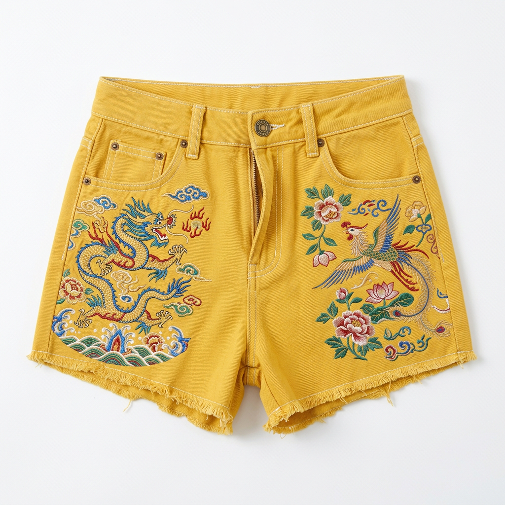 Dragon and Phoenix Floral Embroidery Frayed-Hem Denim Shorts