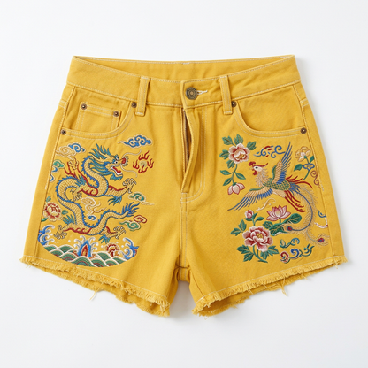 Dragon and Phoenix Floral Embroidery Frayed-Hem Denim Shorts