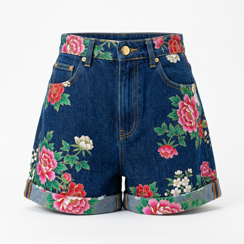 Indigo Floral Printed Rolled-Hem Jean Shorts