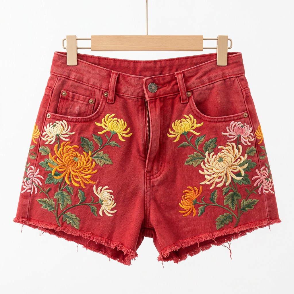 Washed Red Floral Embroidery Cut-Off Jean Shorts