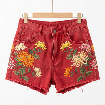 Washed Red Floral Embroidery Cut-Off Jean Shorts