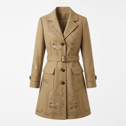 Vintage-Inspired Embroidered Longline Coat with Waist Belt