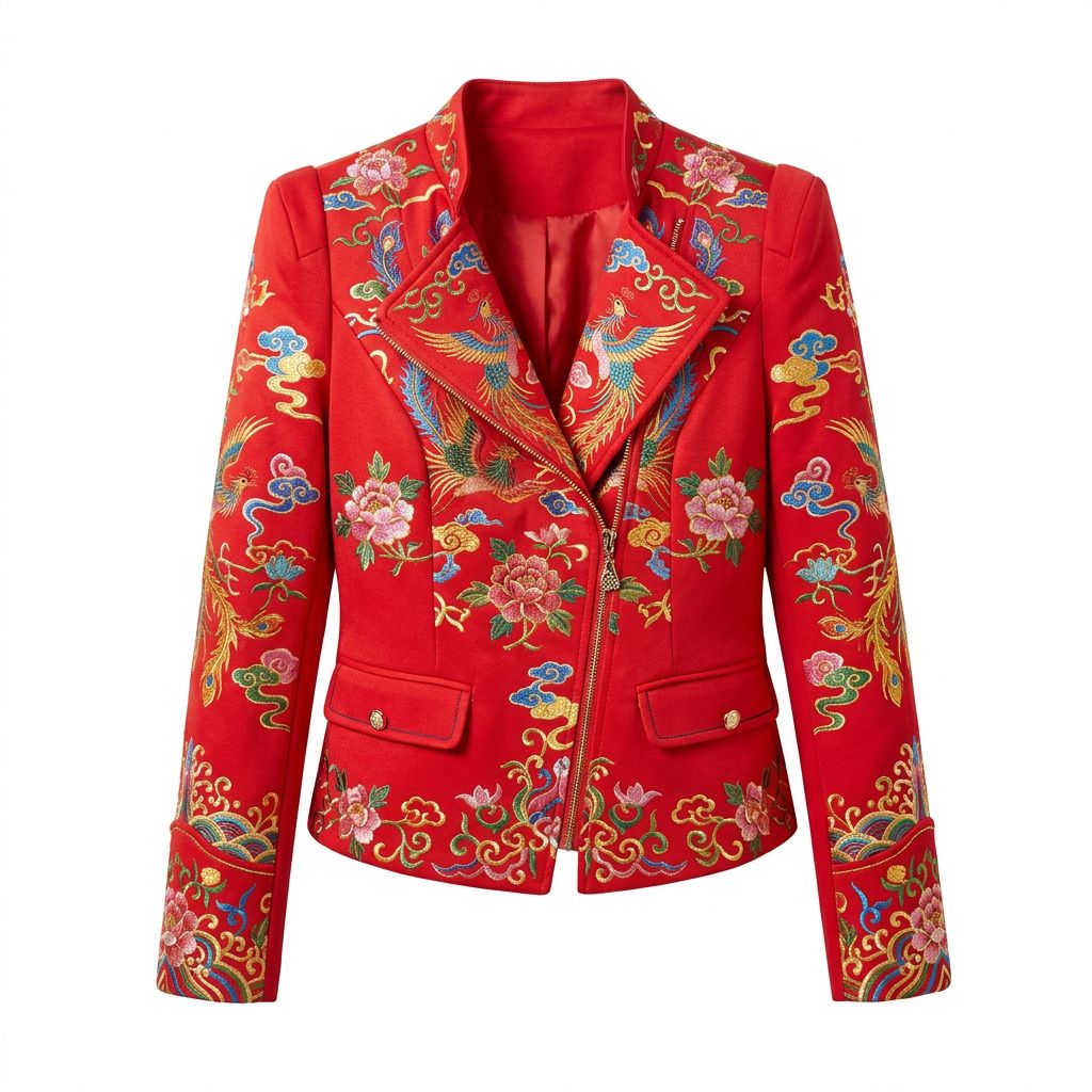Statement Red Embroidery Blazer Jacket with Zipper Closure