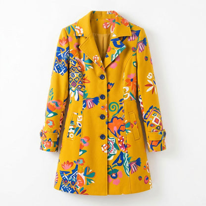 Mustard Yellow Floral Print Longline Coat with Lapel Collar