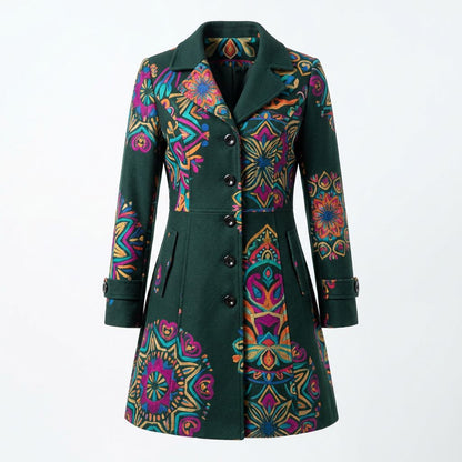 Forest Green Mandala Print Button-Front Coat (Longline)