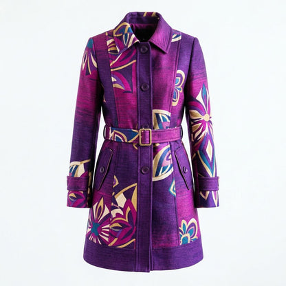 Artisan Print Purple A-Line Coat with Lapel Collar