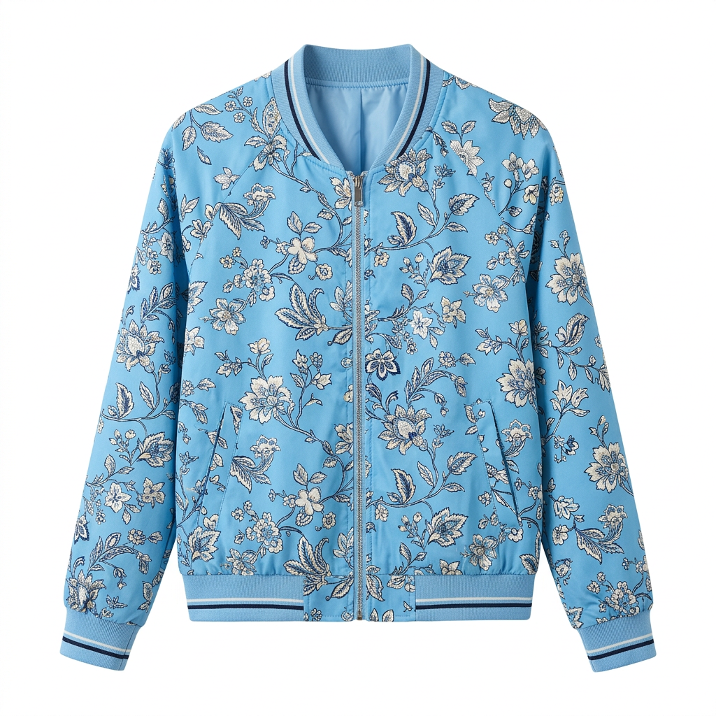 Vintage-Inspired Blue Floral Zip-Up Baseball Jacket