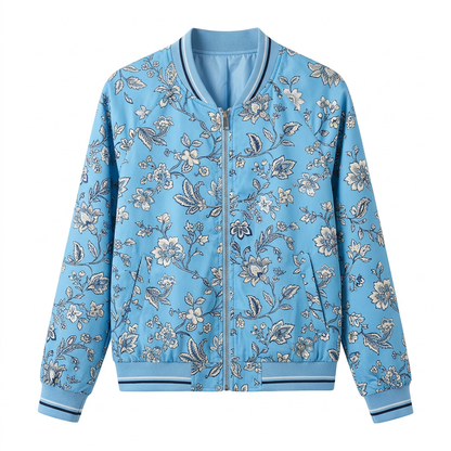 Vintage-Inspired Blue Floral Zip-Up Baseball Jacket