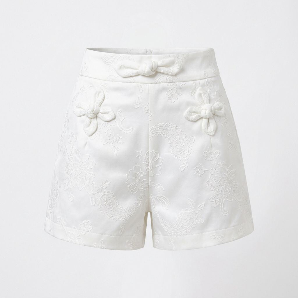 Elegant Embossed Floral Shorts with Decorative Knot Buttons