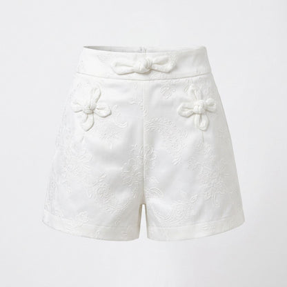 Elegant Embossed Floral Shorts with Decorative Knot Buttons