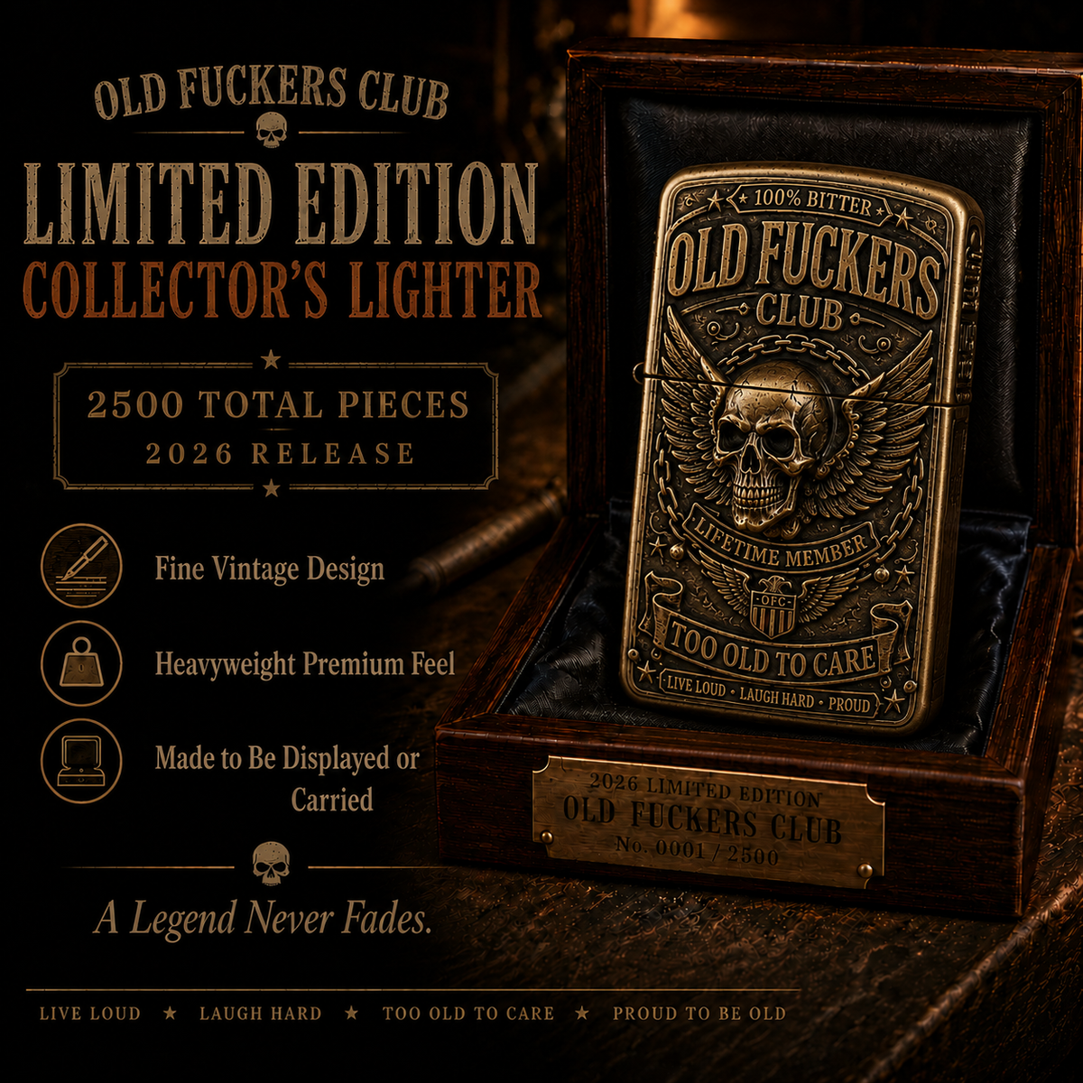 Distressed antique finish on the Old Fuckers Club lighter