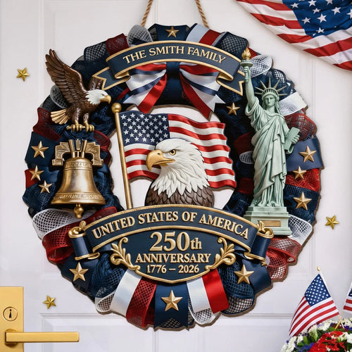 Wood Sign - Personalized America 250th Anniversary Gifts For Mom. Dad. Brother. Sister. Kids - Family Forever United