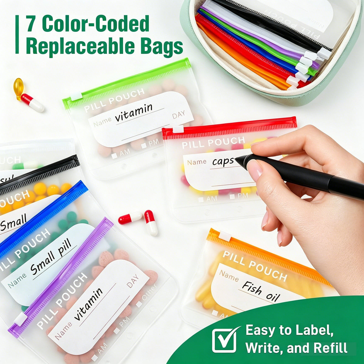 Transparent pill pouch with writable label