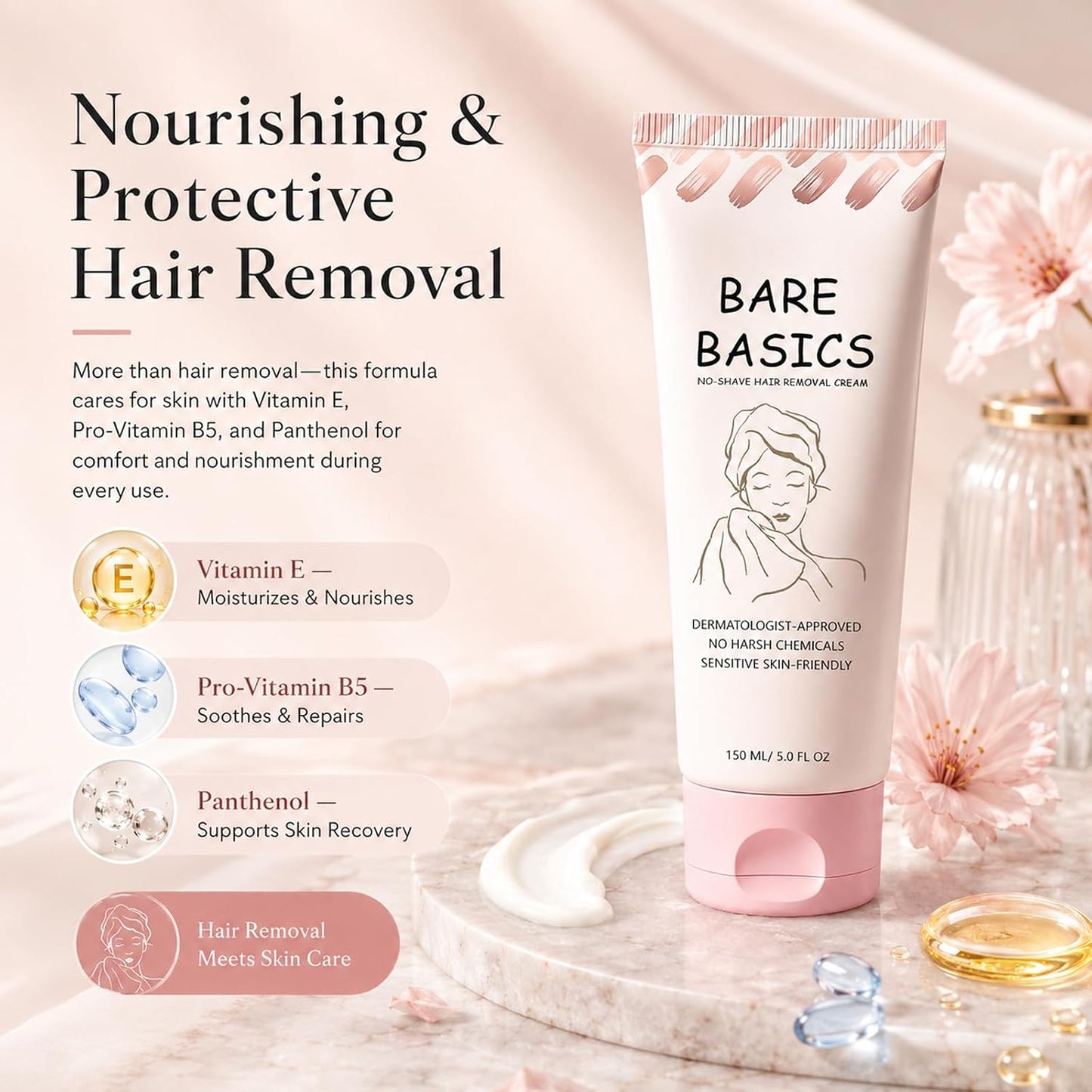 No Shave Hair Removal Cream for Women, Depilatory Cream for Legs, Arms & Underarms, Gentle Formula with Vitamin E & Vitamin B5, Protected after Hair Removal