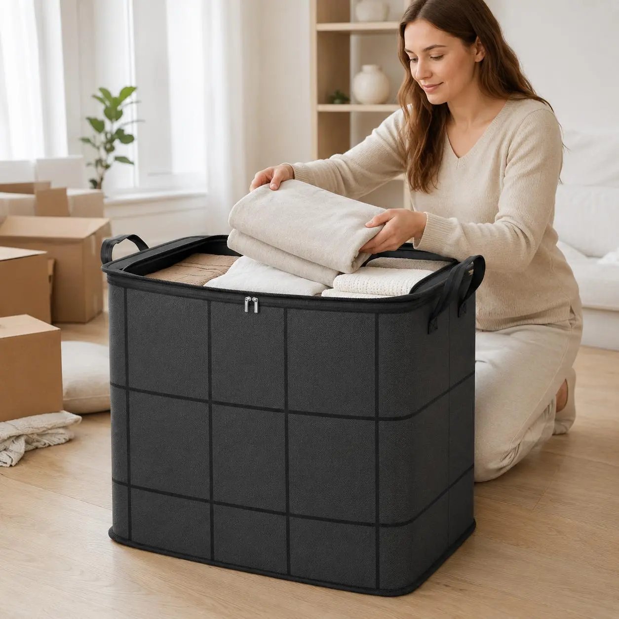 📦 Spacious Zippered Storage Bin – Large Capacity Bag for Quilts. Blankets & Sweaters. Perfect for Moving Day & Closet Organization