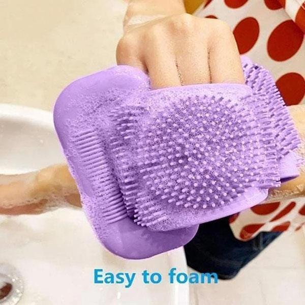 Blue purple pink and green silicone bath brushes
