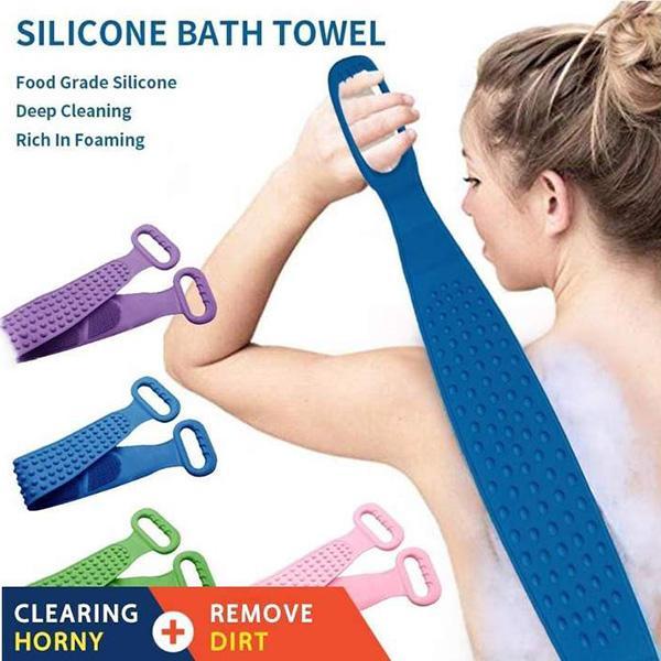 Long silicone body cleansing brush used on the back