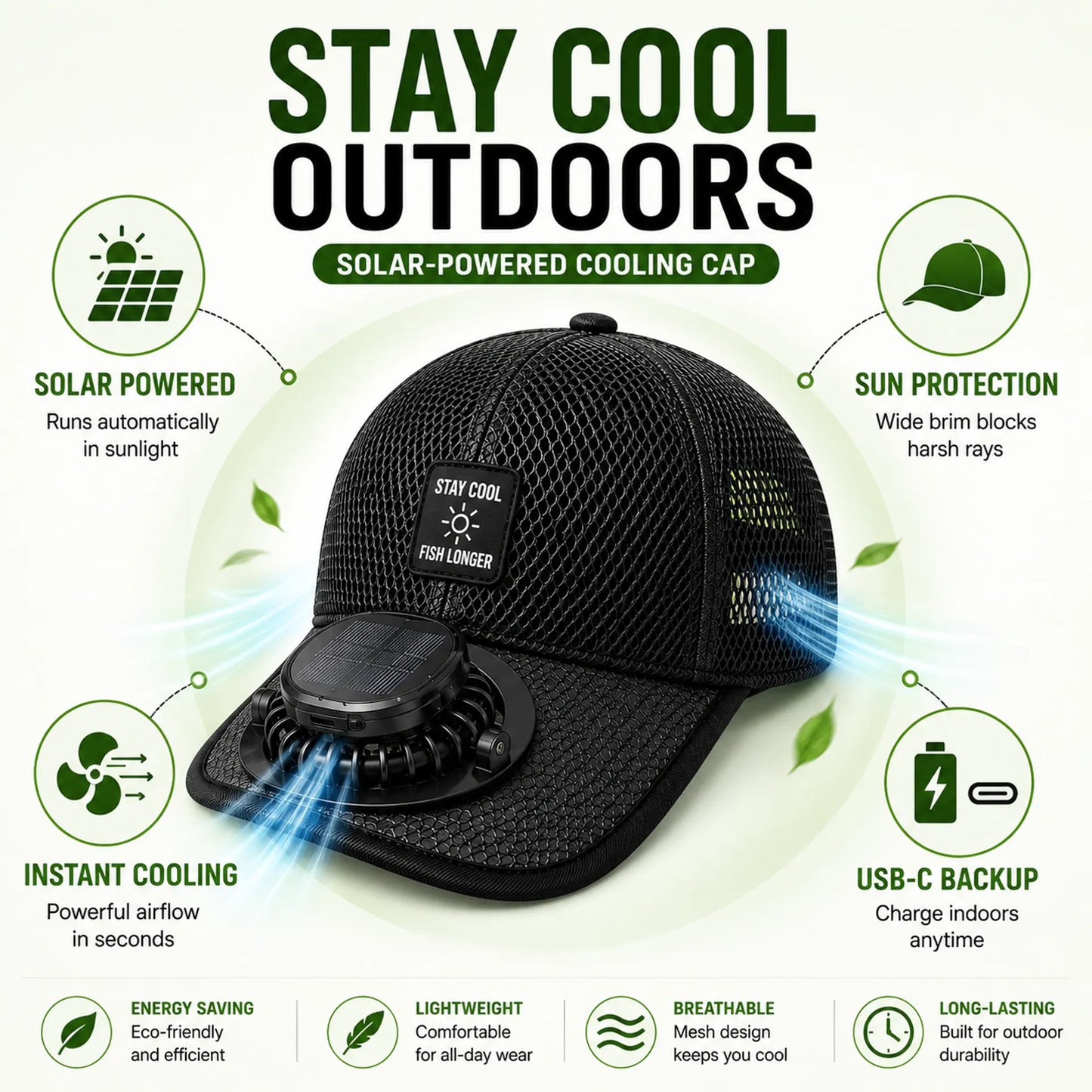 🌞🧢 Breathable Sun Hat Baseball Cap with Built-in Solar Cooling Fan