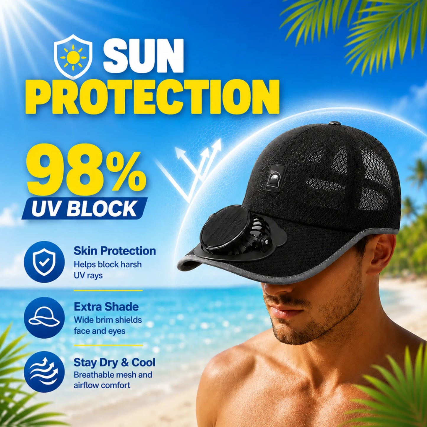 🌞🧢 Breathable Sun Hat Baseball Cap with Built-in Solar Cooling Fan