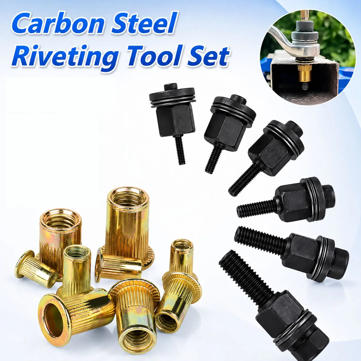 Head Rivet Nut Tool, M3 M4 M5 M6 M8 Rivnut Kit, Carbon Steel Rivnut Set