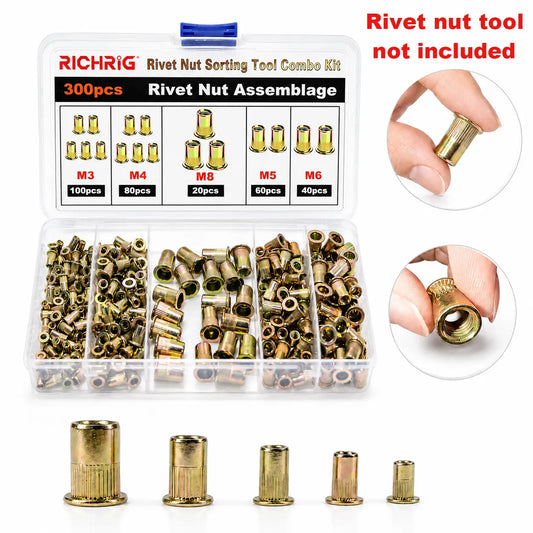 Head Rivet Nut Tool, M3 M4 M5 M6 M8 Rivnut Kit, Carbon Steel Rivnut Set