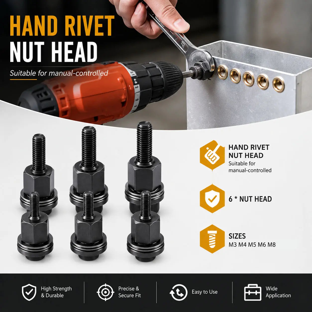 Head Rivet Nut Tool, M3 M4 M5 M6 M8 Rivnut Kit, Carbon Steel Rivnut Set