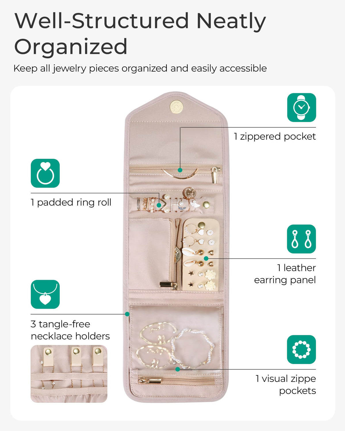 Travel Jewelry Organizer， Case Foldable Jewelry Roll