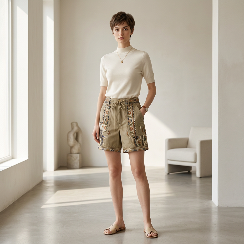 Ethnic Embroidery Trim Drawstring Utility Shorts