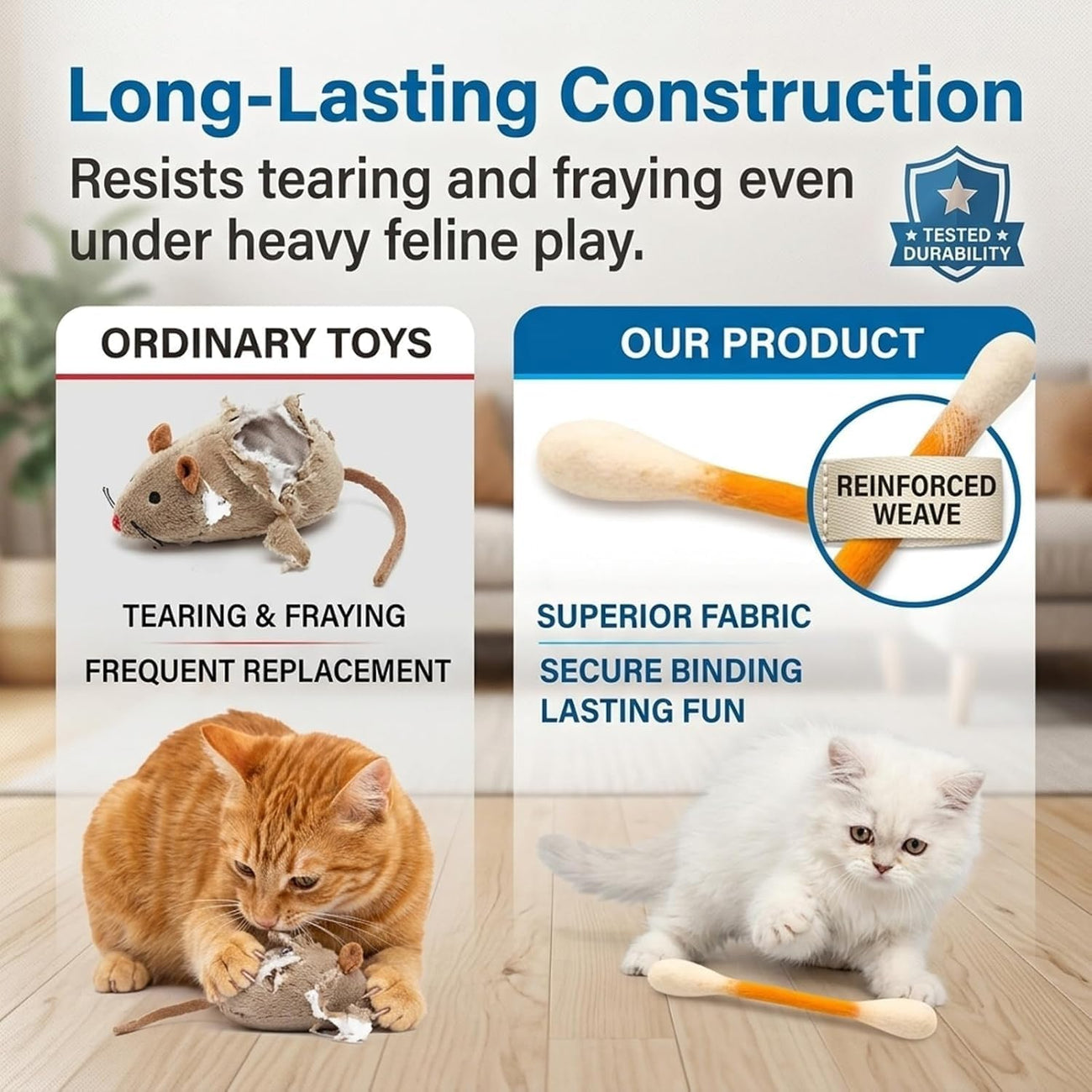 Cat chasing and pouncing on a colorful swab toy