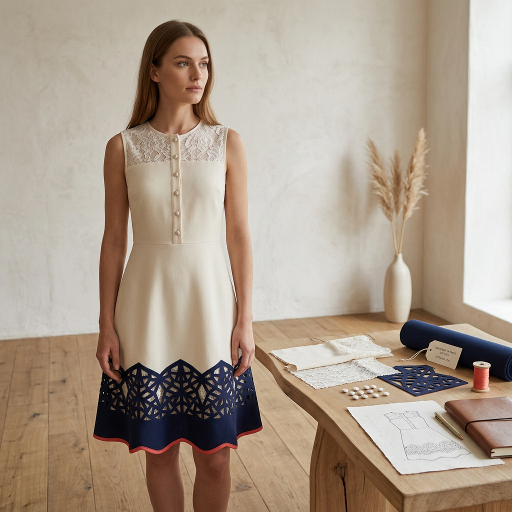 Cream Lace-Yoke A-Line Dress with Geometric Cutout Hem
