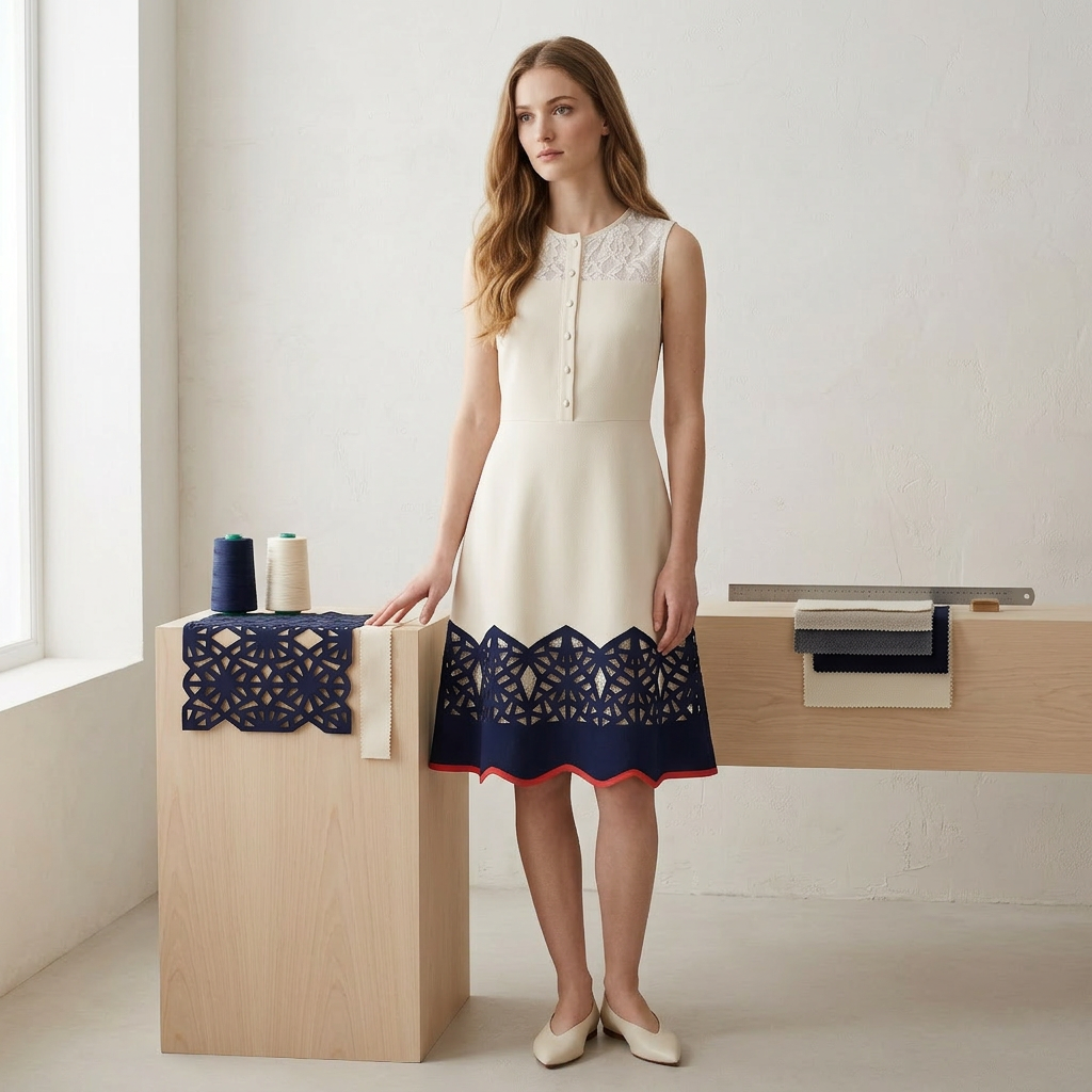 Cream Lace-Yoke A-Line Dress with Geometric Cutout Hem