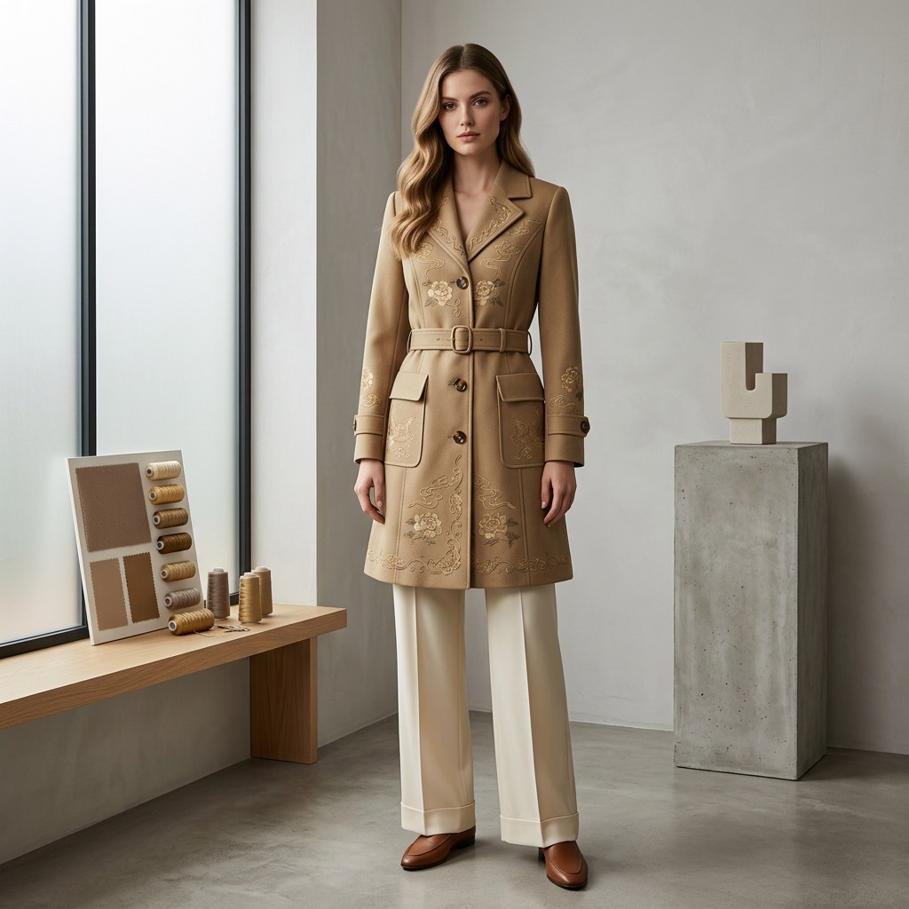 Vintage-Inspired Embroidered Longline Coat with Waist Belt