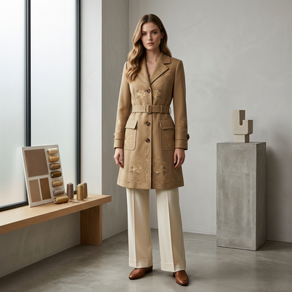 Vintage-Inspired Embroidered Longline Coat with Waist Belt